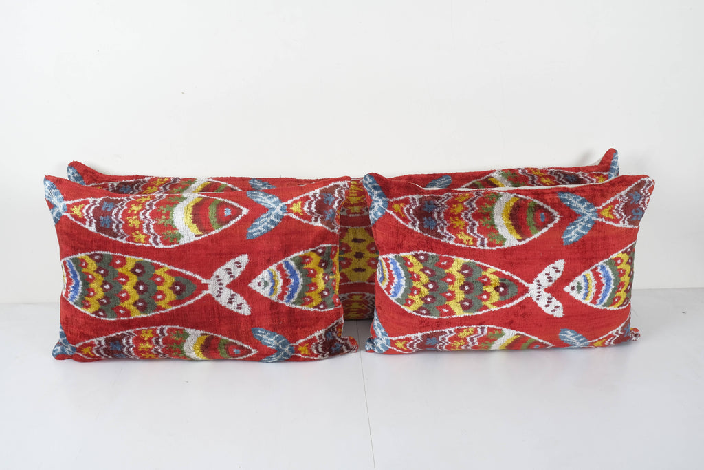 Balık Desenli İpek Ikat Kadife Kırlent Kılıfı 3'li Set 40 x 122 cm