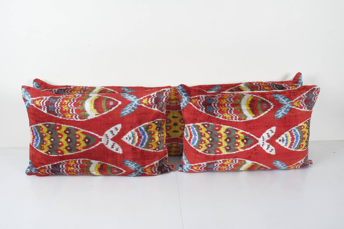 Balık Desenli İpek Ikat Kadife Kırlent Kılıfı 3'li Set 40 x 122 cm