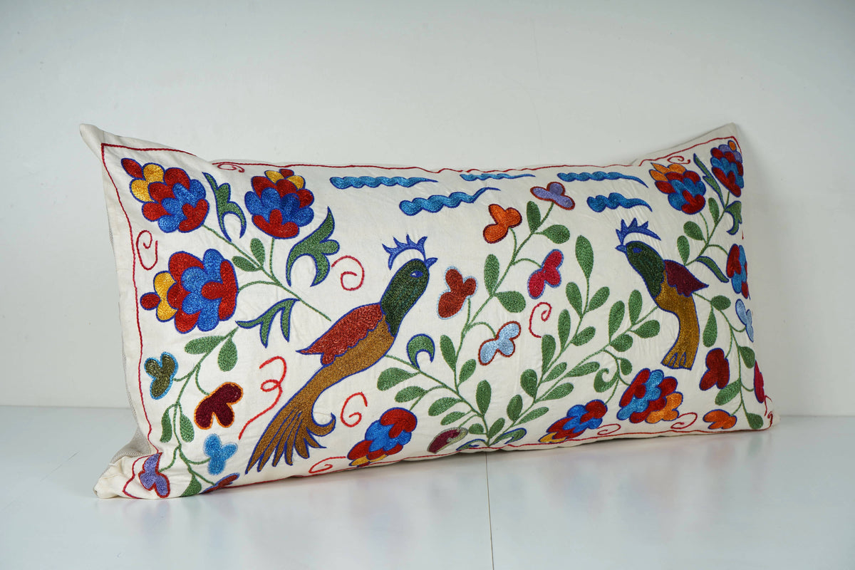 Kuş Desenli Suzani Kırlent Kılıfı 40 x 85 cm
