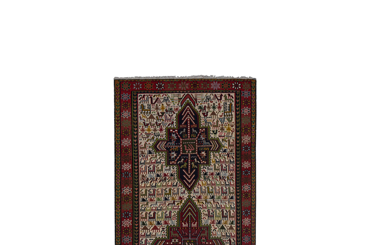Vintage Hayvan Desenli Sumak Kilim Yolluk 104 x 285 cm