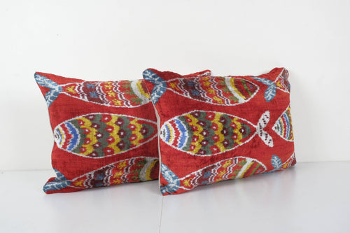 Balık Desenli İpek Ikat Kadife Kırlent Kılıfı 2'li Set 40 x 60 cm