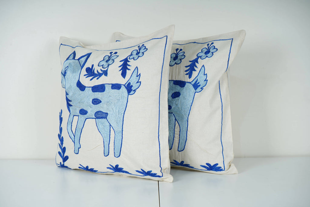 Geyik Desenli Suzani Kırlent Kılıfı 2'li Set 45 x 45 cm
