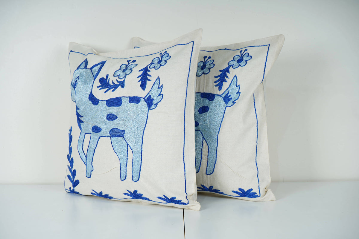 Geyik Desenli Suzani Kırlent Kılıfı 2'li Set 45 x 45 cm