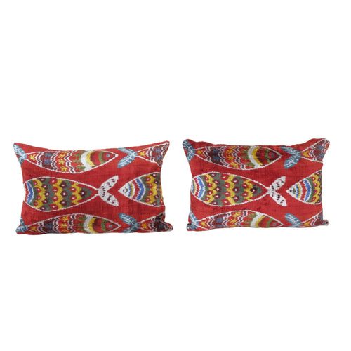 Balık Desenli İpek Ikat Kadife Kırlent Kılıfı 2'li Set 40 x 60 cm