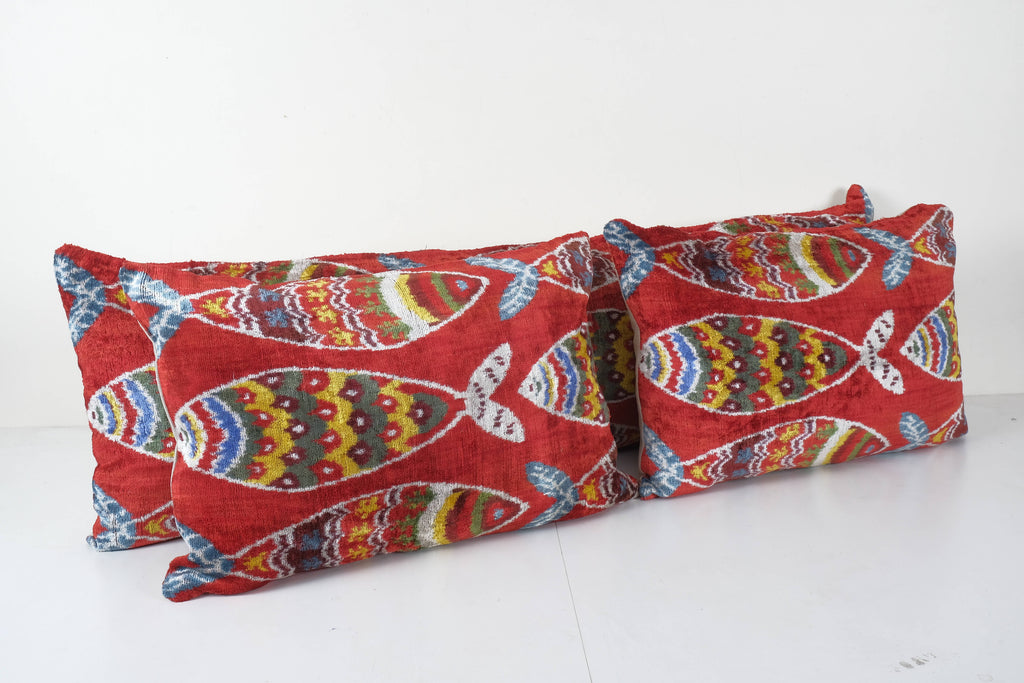 Balık Desenli İpek Ikat Kadife Kırlent Kılıfı 3'li Set 40 x 122 cm