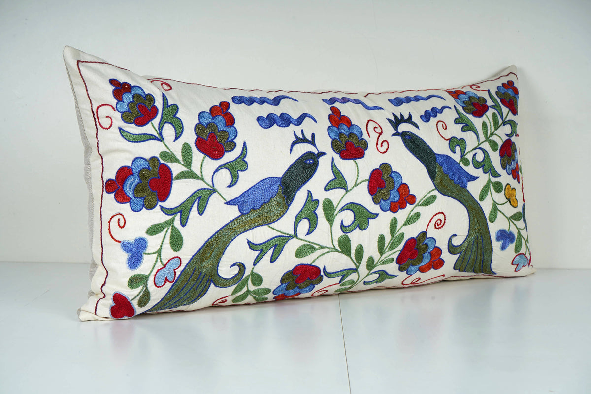 Kuş Desenli Suzani Kırlent Kılıfı 40 x 85 cm