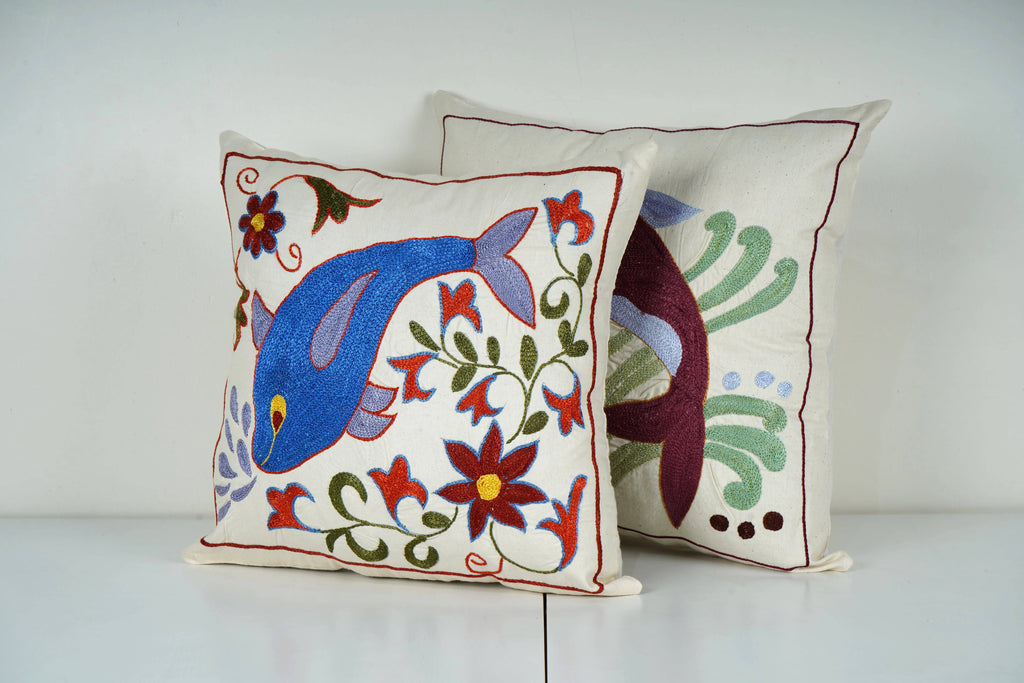 Balık Desenli Suzani Kırlent Kılıfı 2'li Set 46 x 46 cm