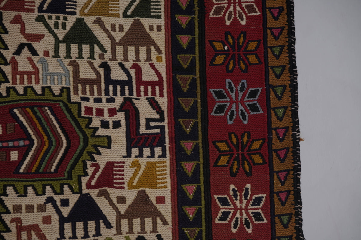 Vintage Hayvan Desenli Sumak Kilim Yolluk 104 x 285 cm