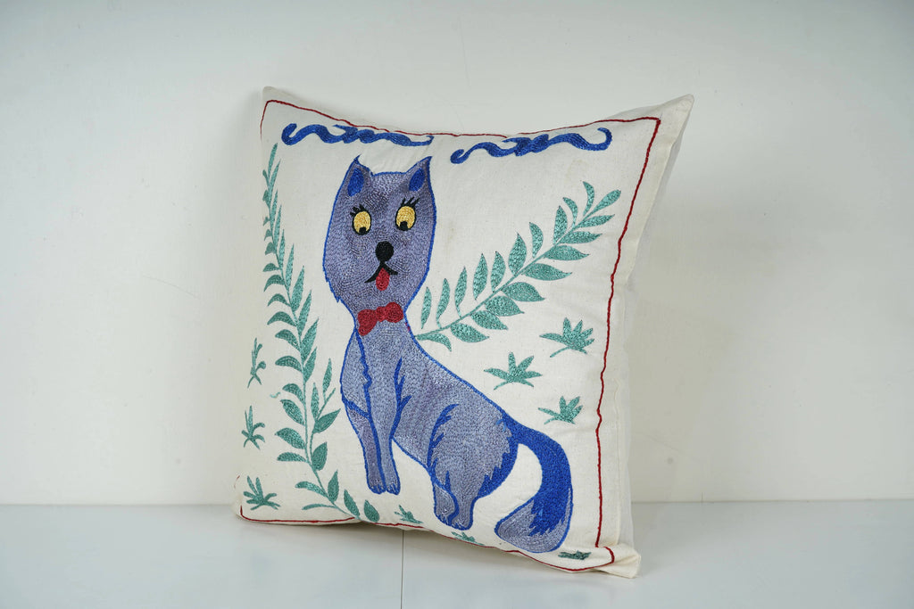 Kedi Desenli Suzani Kırlent Kılıfı 46 x 46 cm