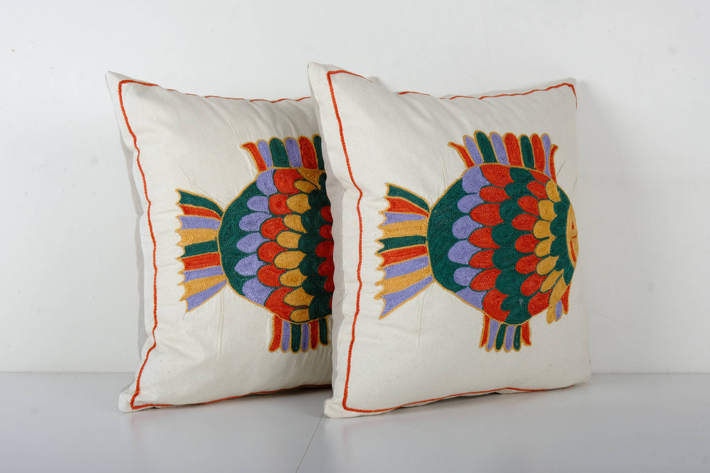 Balık Desenli Suzani Kırlent Kılıfı 2'li Set 45 x 46 cm