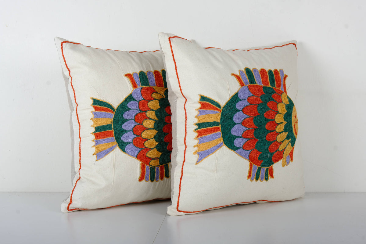 Balık Desenli Suzani Kırlent Kılıfı 2'li Set 45 x 46 cm