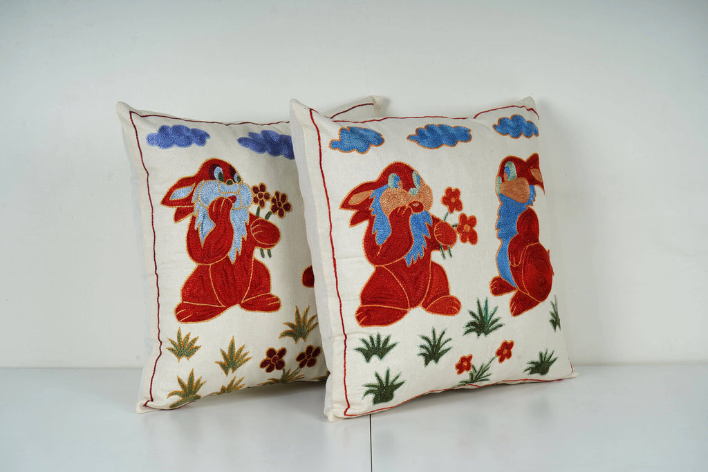 Tavşan Desenli Suzani Kırlent Kılıfı 2'li Set 47 x 47 cm