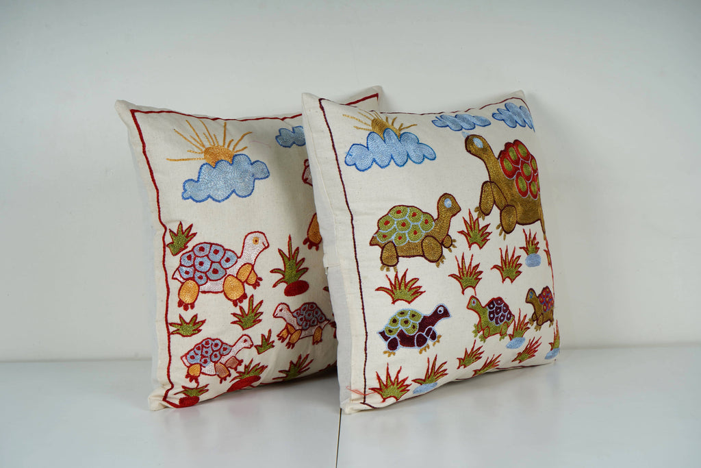 Kaplumbağa Desenli Suzani Kırlent Kılıfı 2'li Set 50 x 50 cm