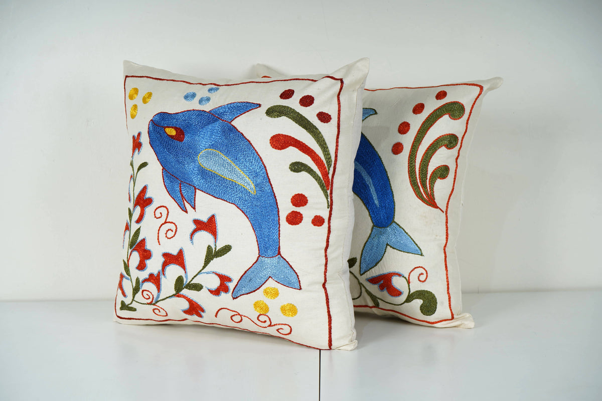 Balık Desenli Suzani Kırlent Kılıfı 2'li Set 45 x 45 cm