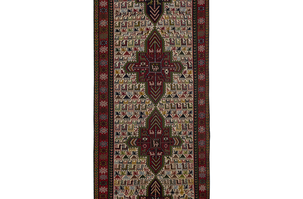 Vintage Hayvan Desenli Sumak Kilim Yolluk 104 x 285 cm