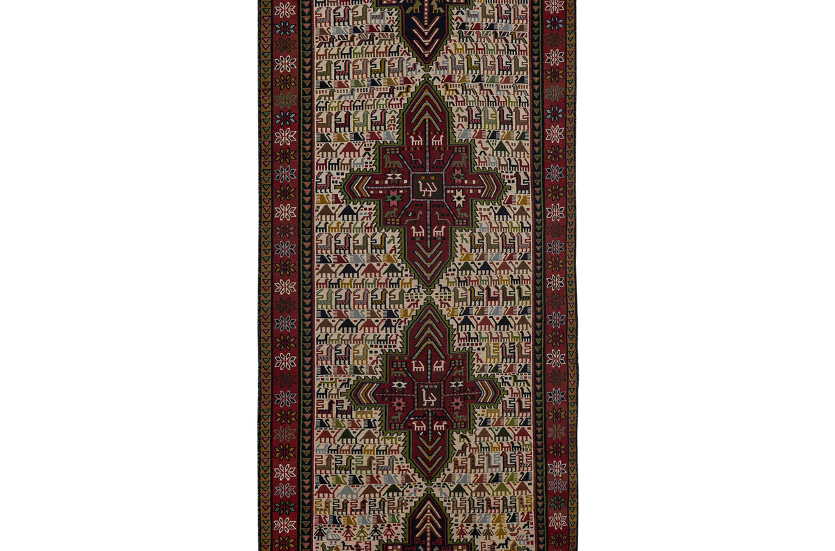 Vintage Hayvan Desenli Sumak Kilim Yolluk 104 x 285 cm