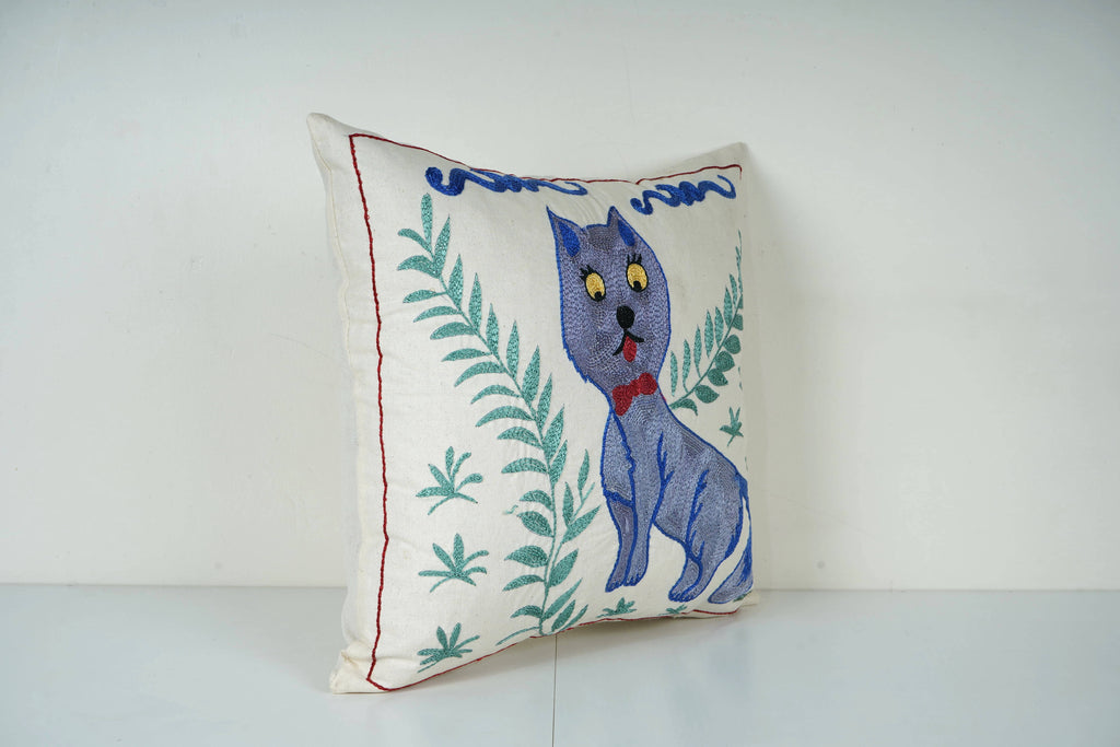 Kedi Desenli Suzani Kırlent Kılıfı 46 x 46 cm