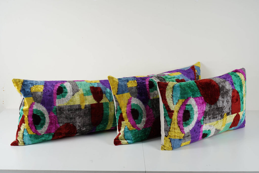 İpek Ikat Kadife Kırlent Kılıfı 3'li Set 40 x 60 cm