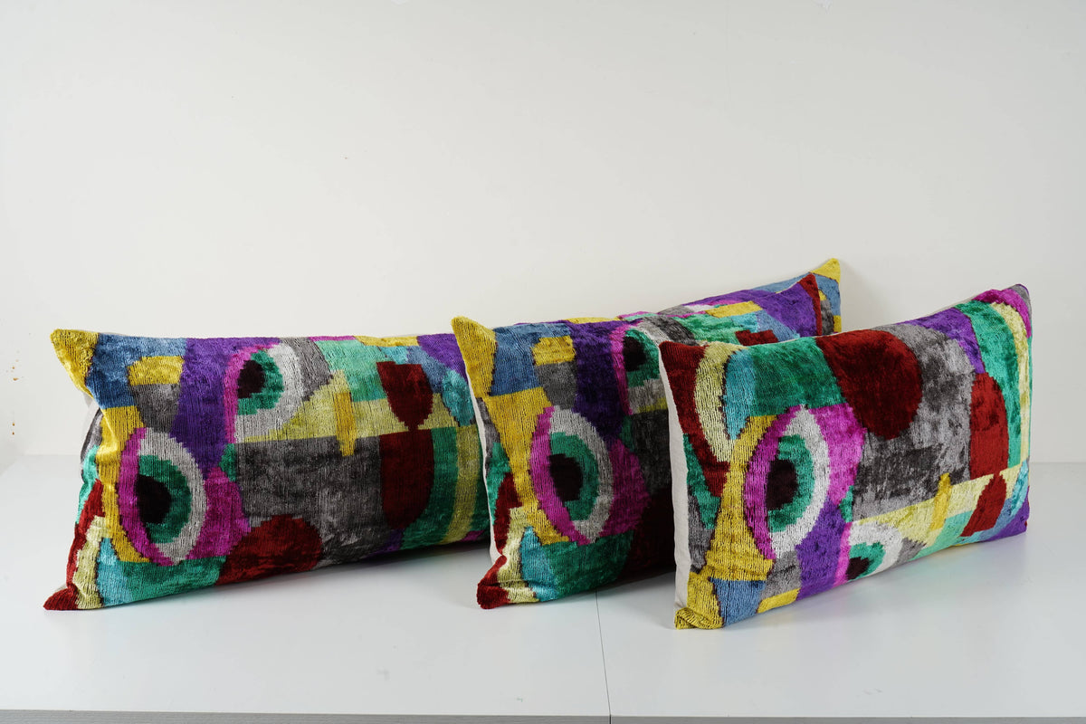 İpek Ikat Kadife Kırlent Kılıfı 3'li Set 40 x 60 cm