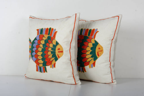 Balık Desenli Suzani Kırlent Kılıfı 2'li Set 45 x 46 cm