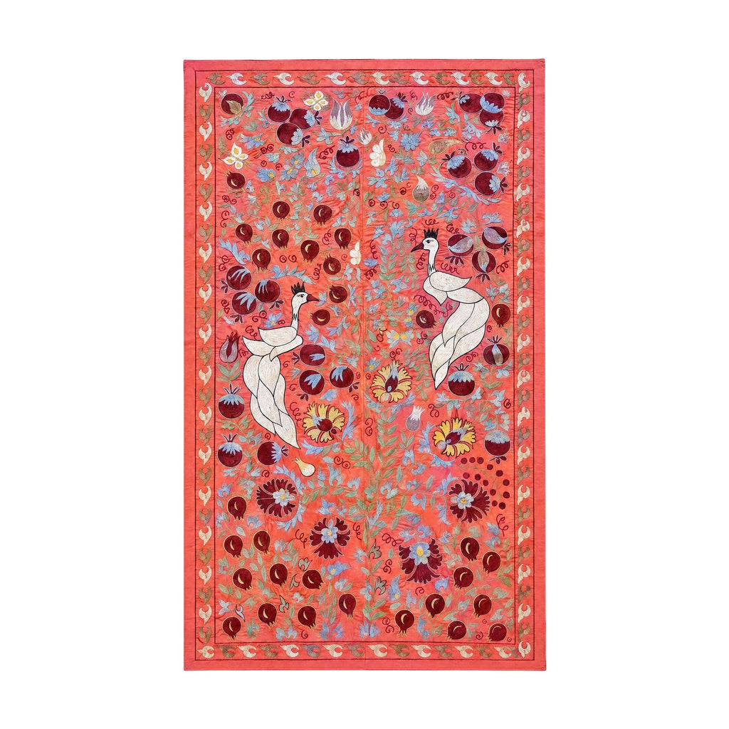 Kırmızı Tavus Kuşu Desenli İşlemeli Suzani Duvar Örtüsü 105 x 185 cm