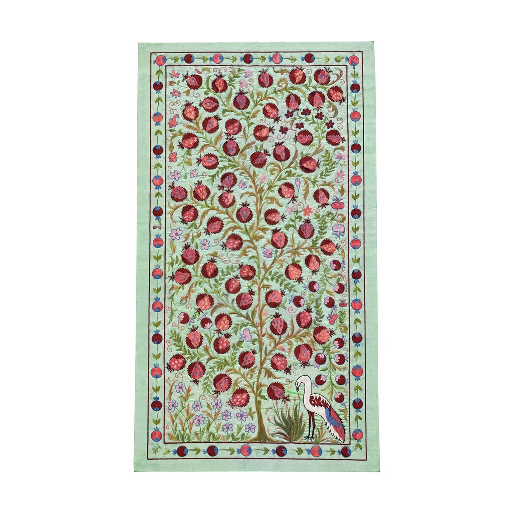 Buhara Yeşil Kuş Desenli İşlemeli Suzani 105 x 190 cm