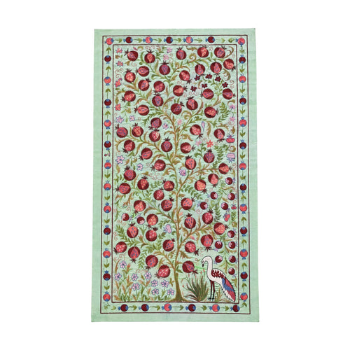 Buhara Yeşil Kuş Desenli İşlemeli Suzani 105 x 190 cm