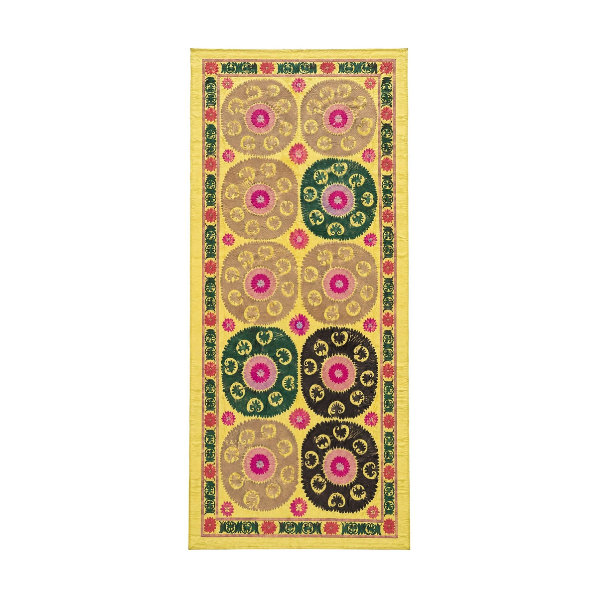 Vintage Sarı Madalyon Desenli El İşlemesi Suzani Duvar Örtüsü 200 x 420 cm