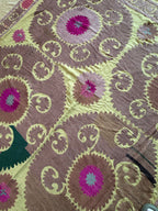 Vintage Sarı Madalyon Desenli El İşlemesi Suzani Duvar Örtüsü 200 x 420 cm