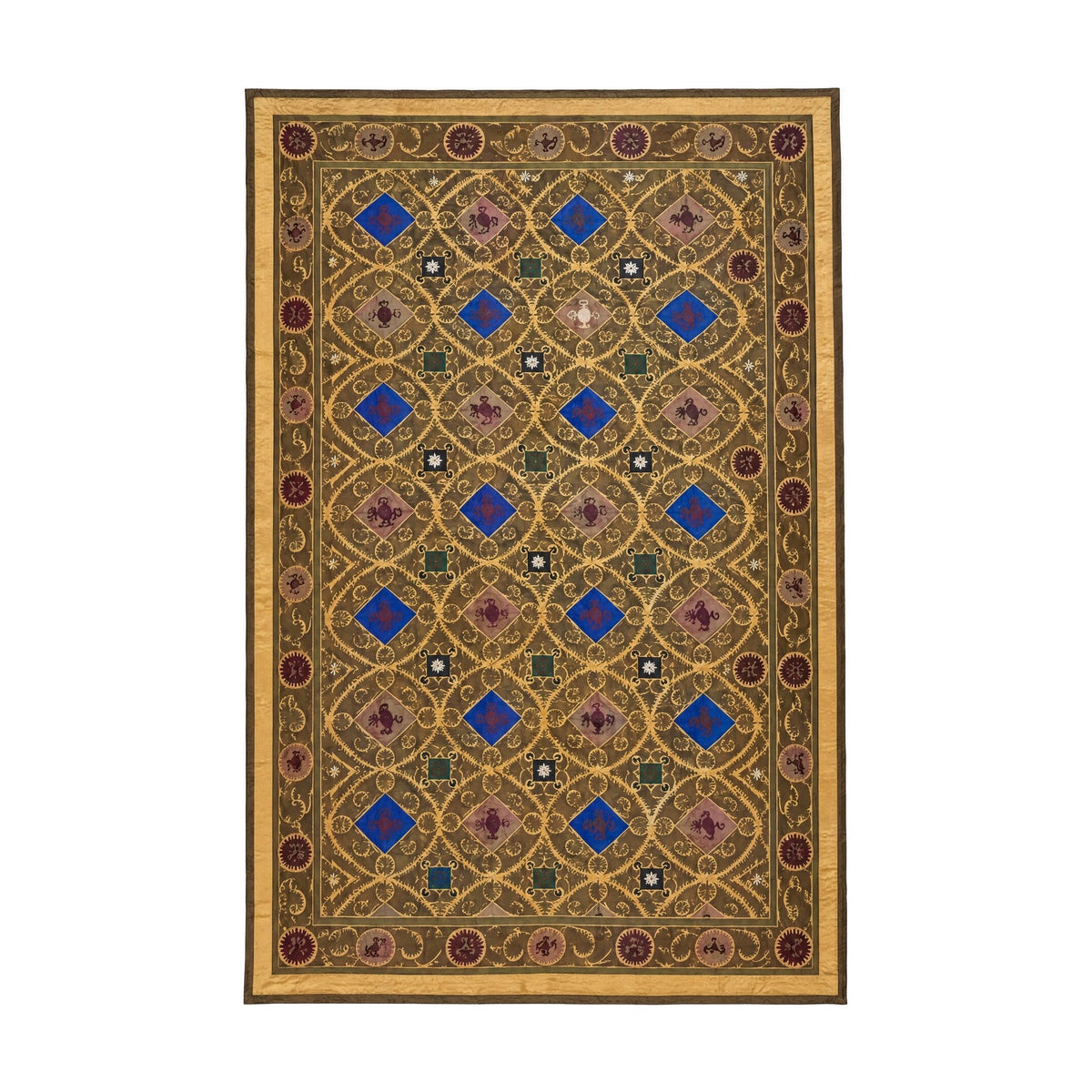 Vintage Özbek Altın Kafes Desenli Suzani Masa Örtüsü 216 x 326 cm