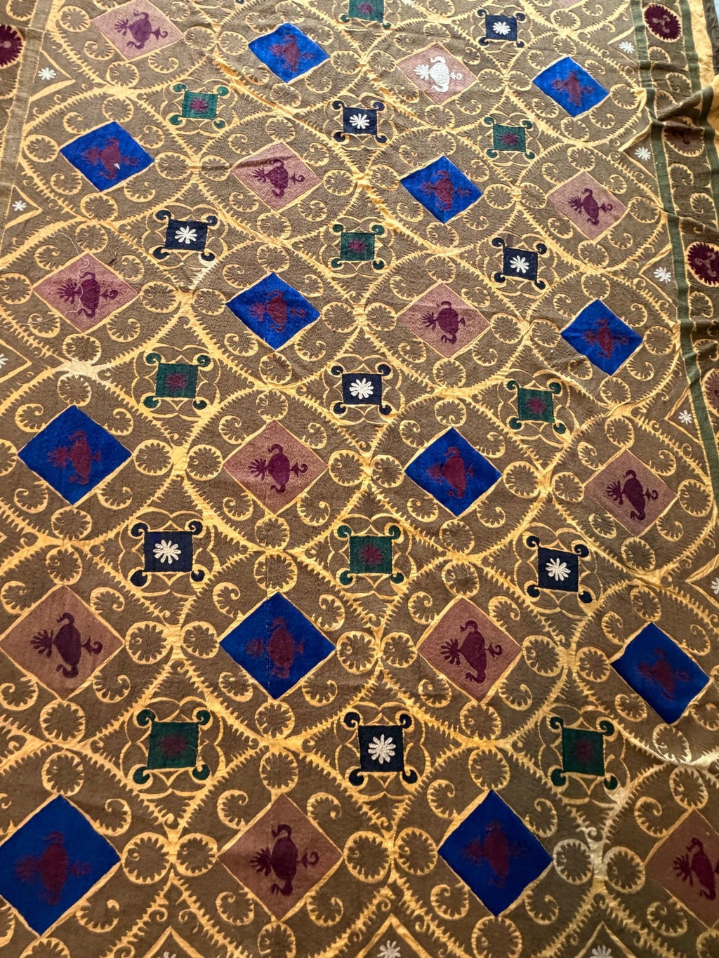 Vintage Özbek Altın Kafes Desenli Suzani Masa Örtüsü 216 x 326 cm