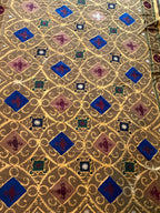 Vintage Özbek Altın Kafes Desenli Suzani Masa Örtüsü 216 x 326 cm