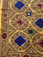 Vintage Özbek Altın Kafes Desenli Suzani Masa Örtüsü 216 x 326 cm