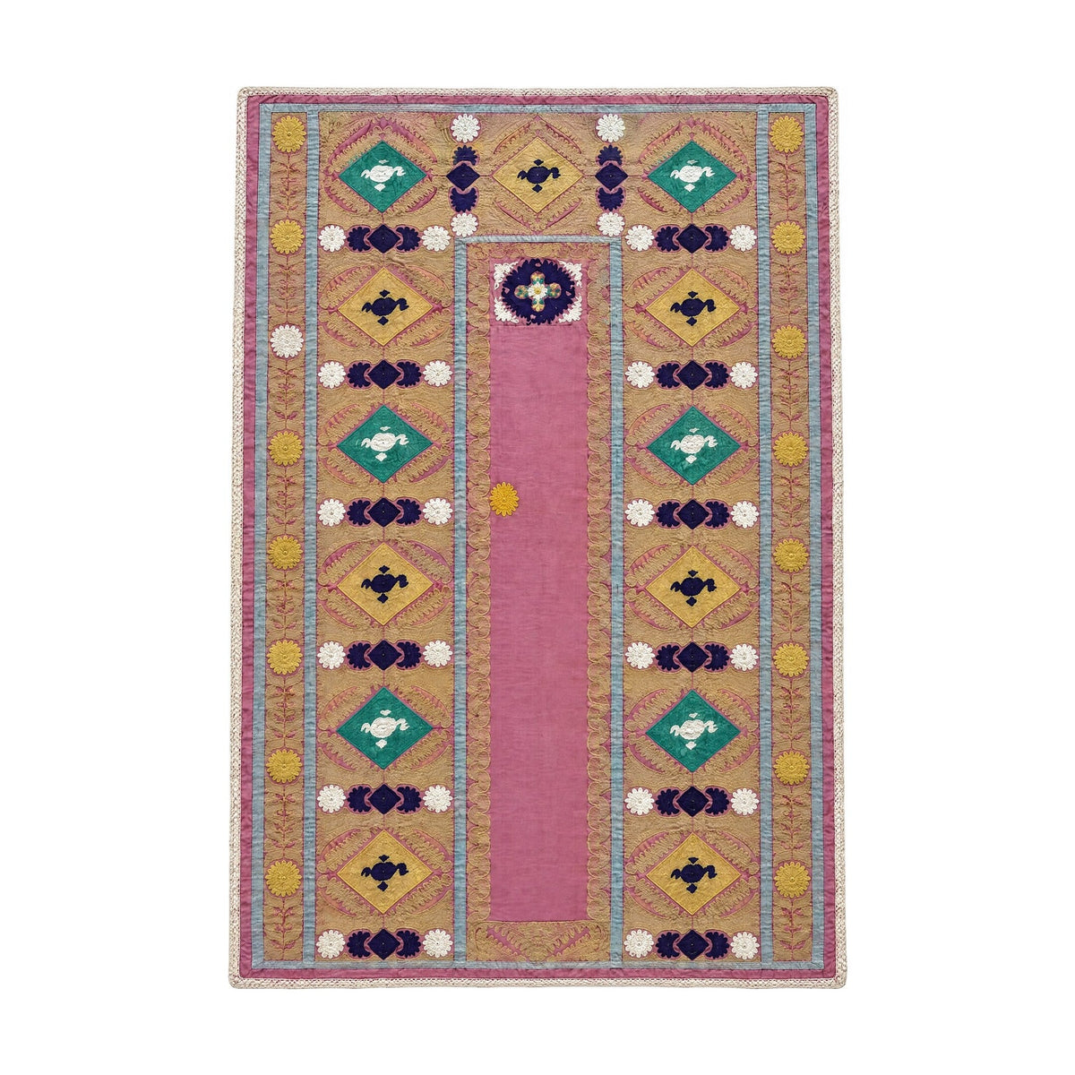 Vintage Pembe Seccade Desenli İşlemeli Suzani Duvar Örtüsü 147 x 225 cm