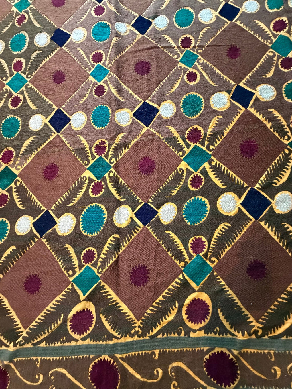 Vintage Kahverengi Kafes Desenli İşlemeli Suzani Duvar Örtüsü 230 x 370 cm