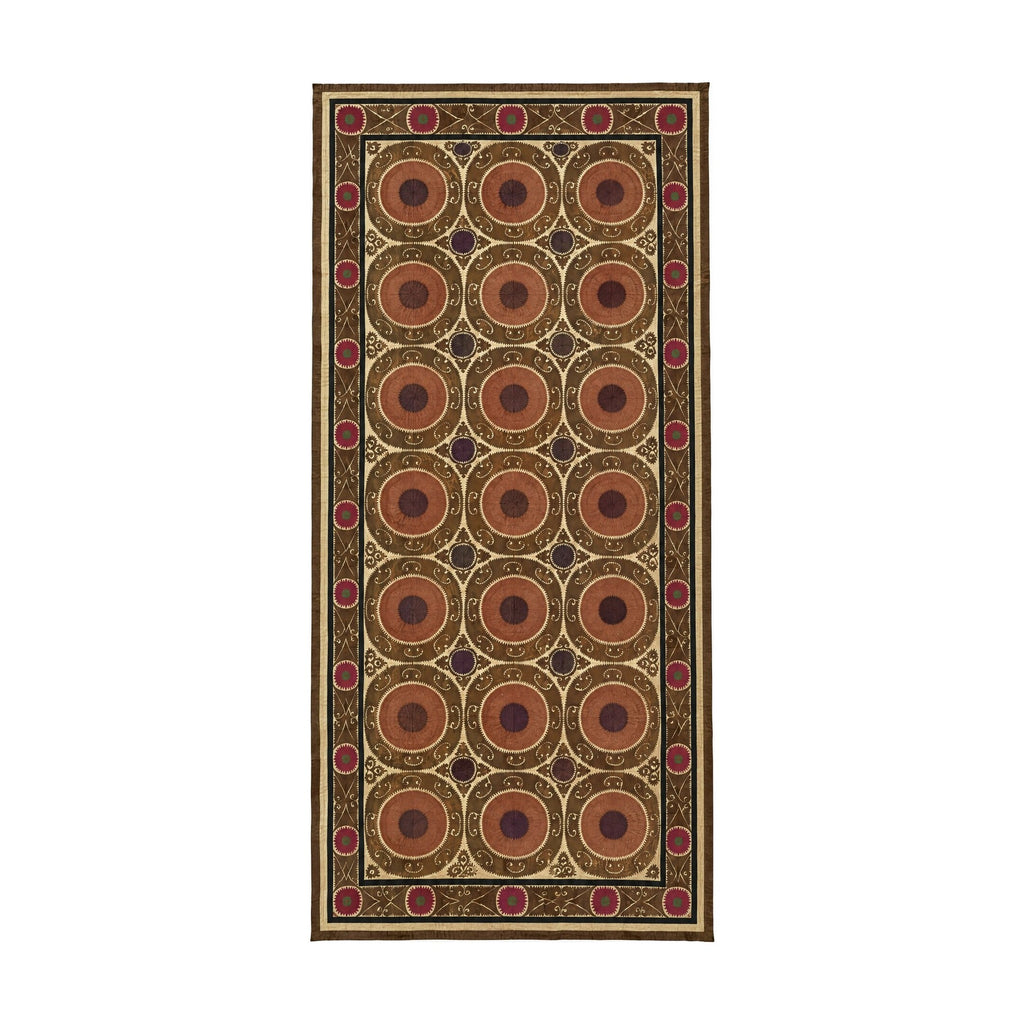 Vintage Kahverengi Madalyon Desenli İşlemeli Suzani 220 x 490 cm
