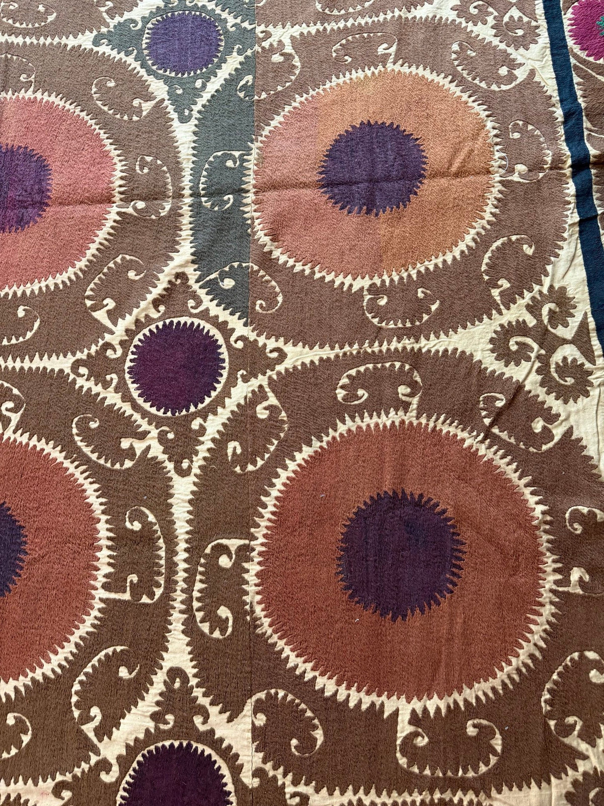 Vintage Kahverengi Madalyon Desenli İşlemeli Suzani 220 x 490 cm
