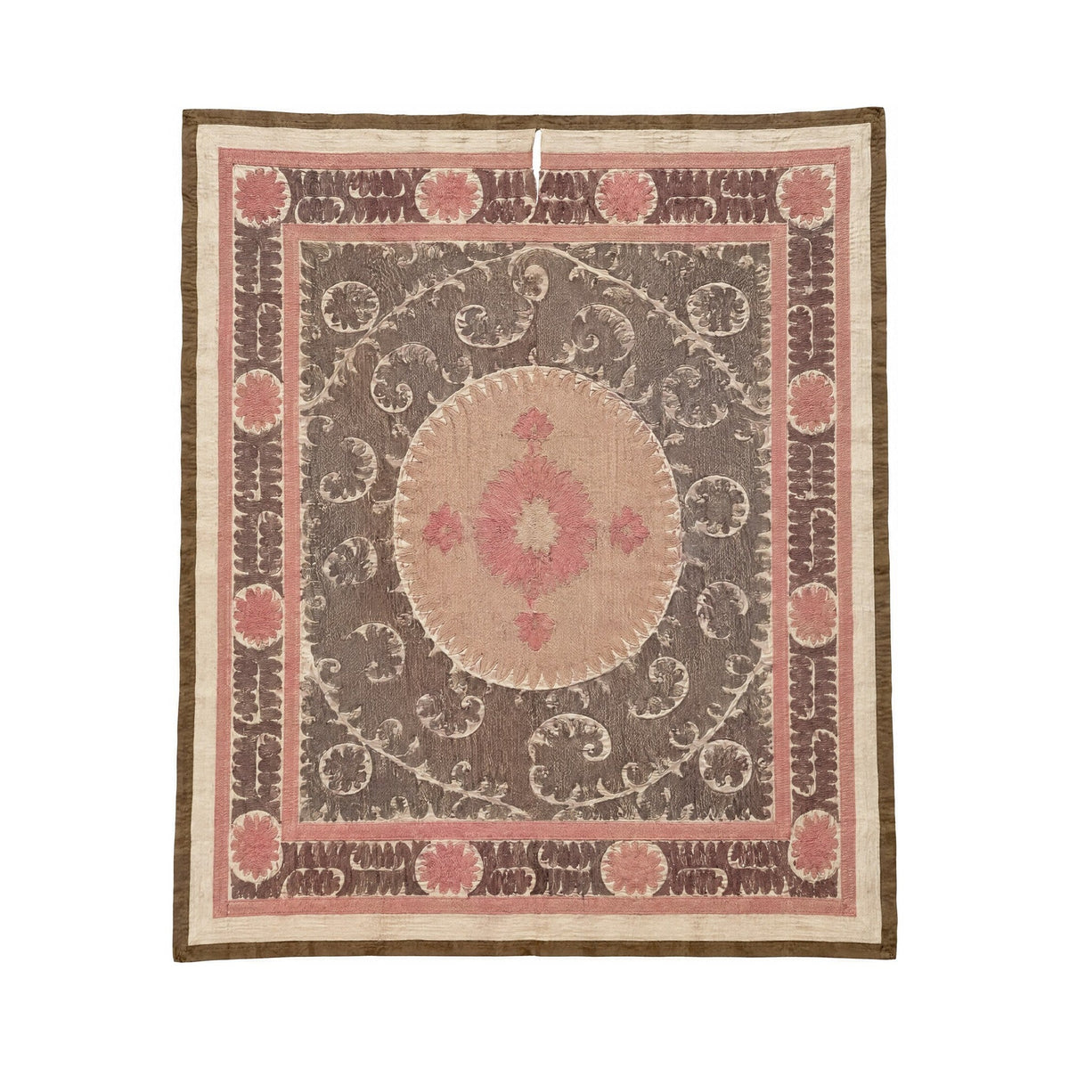Vintage Kahverengi Madalyon Desenli İşlemeli Suzani Duvar Örtüsü 132 x 163 cm