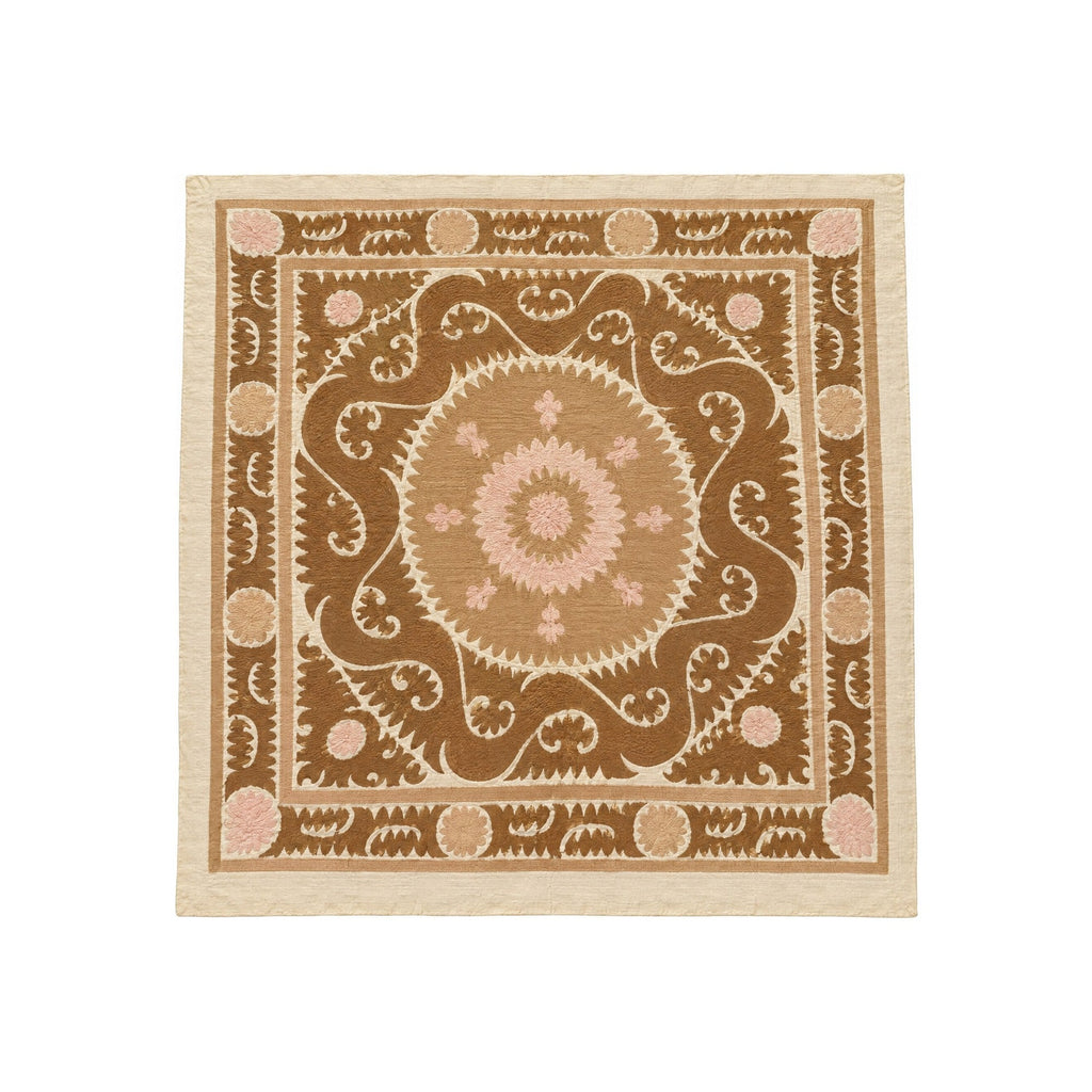 Vintage Bej Madalyon Desenli El İşlemesi Suzani Duvar Örtüsü 156 x 160 cm